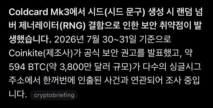 A Korean news caption reporting a security vulnerability in Coldcard Mk3 hardware wallets, where the seed phrase generation relied solely on a True Random Number Generator (RNG) instead of the dedicated dice method. Coinkite officially acknowledged the issue on July 30-31, 2026, with approximately 594 BTC ($38 million) potentially at risk across multiple empty addresses before the fix. The image emphasizes the lesson that self-custody users should generate sufficient entropy via physical dice rolls rather than relying solely on hardware wallet RNG features.