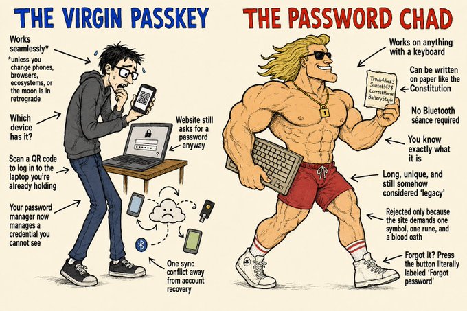 A humorous illustration comparing 'THE VIRGIN PASSKEY' (a stressed man struggling with multiple devices) to 'THE PASSWORD CHAD' (a muscular man confidently holding a keyboard and written password).