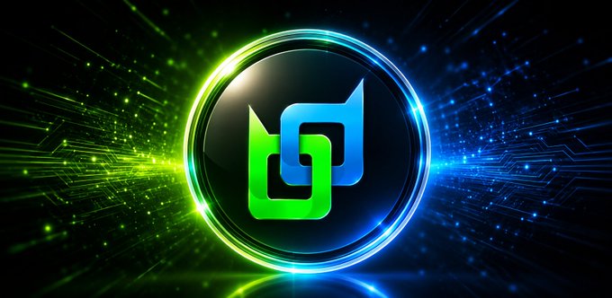 A glowing circular emblem featuring a green and blue logo, set against a digital background with radiating green and blue light streaks.
