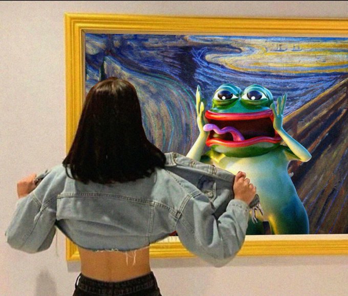 A woman with long dark hair, wearing a denim jacket, stands with her back to the camera in front of a large framed painting where a surreal green frog-like creature with wide eyes and a pink tongue emerges from the swirling blue and yellow background.
