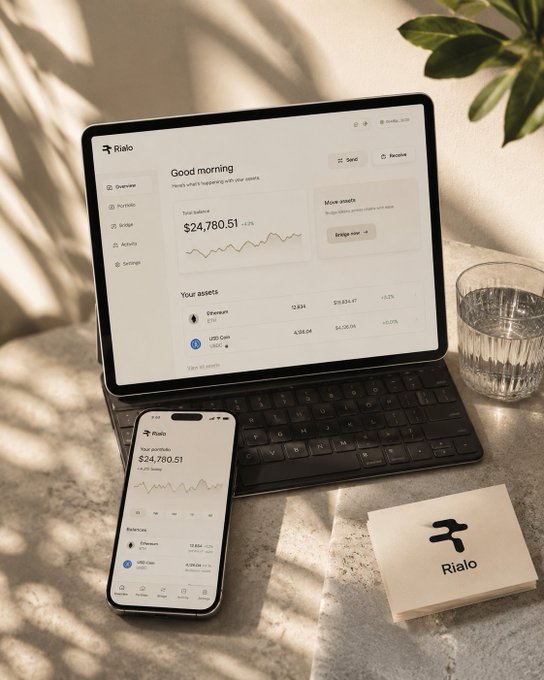 A laptop and smartphone display the 'Rialo' financial application interface, showing a total balance of $24,780.51, alongside a Rialo business card and a glass of water on a textured surface.