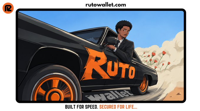 A stylized illustration features a sharply dressed man in a black suit leaning out of a sleek black car with bold orange "RUTO Wallet" branding on its side, accompanied by the tagline "BUILT FOR SPEED. SECURED FOR LIFE..." at the bottom. The "rutowallet.com" URL appears at the top, with the imagery of speed and sophistication visually reinforcing the post's emphasis on Ruto Wallet's fast transactions, security, and effortless crypto-to-card spending.