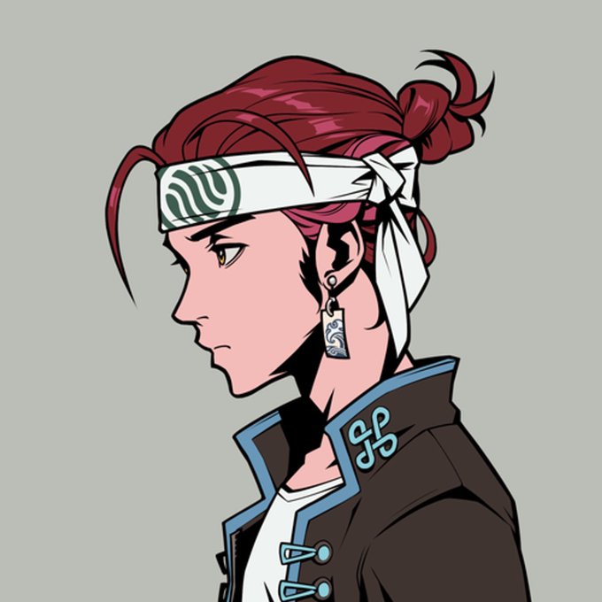A digital illustration in profile of a red-haired anime-style character wearing a white headband with a green symbol, a dangling earring, and a dark jacket with blue trim.