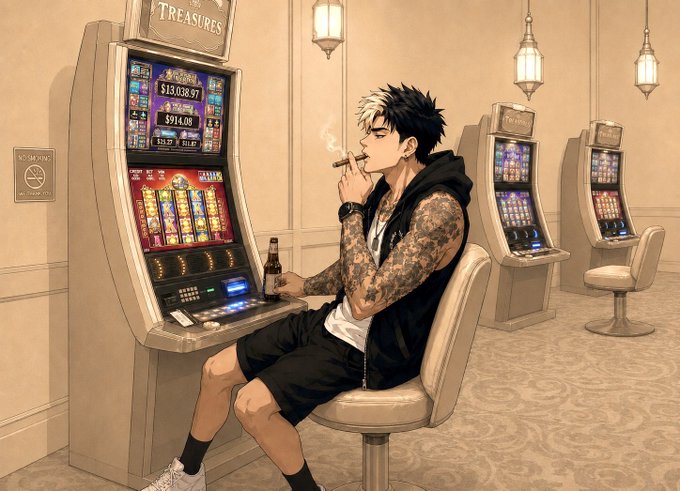 An anime-style illustration of a heavily tattooed young man with spiky black hair smoking a cigarette while sitting on a stool in front of a slot machine in a casino. He holds a beer bottle in his other hand.