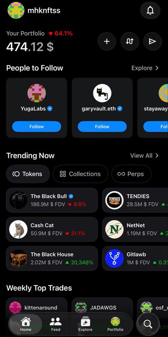 A mobile app screenshot showing a portfolio for 'mhknftss' valued at 474.12$, up 64.1%, with 'People to Follow' suggestions (YugaLabs, garyvault.eth, stayaway) and a 'Trending Now' list featuring Tokens like The Black Bull, Cash Chat, NetNet, and The Black House.