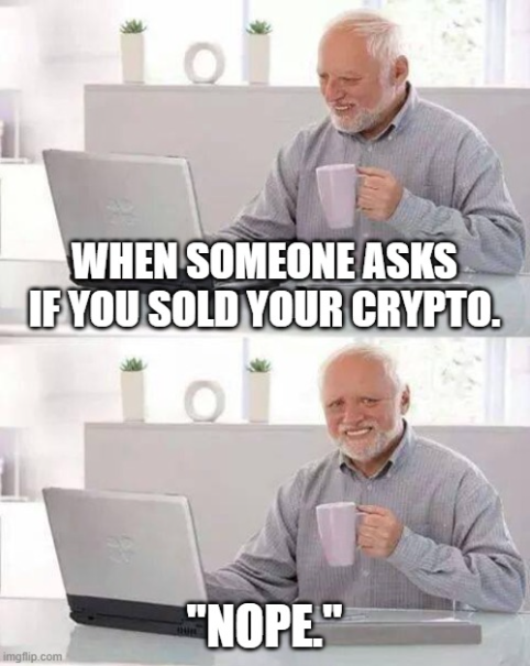 A two-panel 'Hide the Pain Harold' meme showing the man smiling at his laptop, with text reading 'WHEN SOMEONE ASKS IF YOU SOLD YOUR CRYPTO.' in the top panel and '"NOPE."' in the bottom panel.
