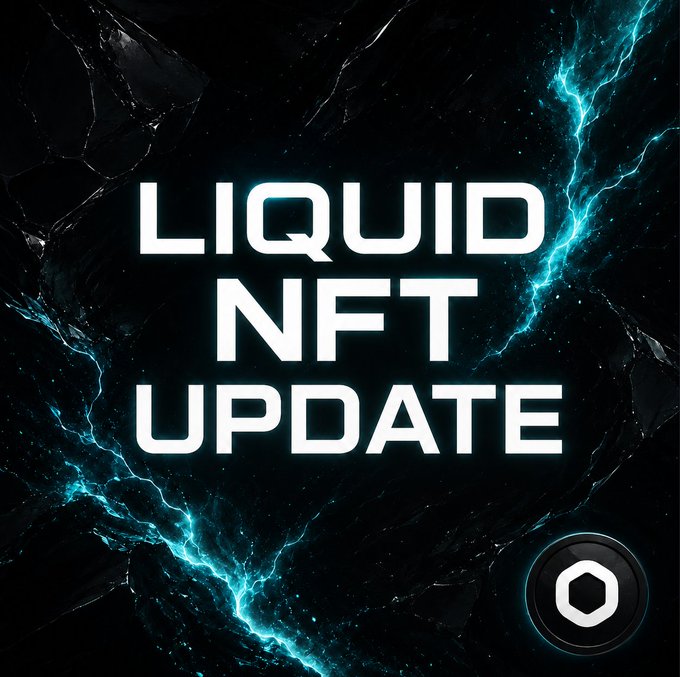 A promotional graphic with glowing blue lightning effects reading 'LIQUID NFT UPDATE' on a dark textured background.
