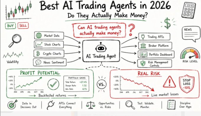 A hand-drawn infographic titled 'Best AI Trading Agents in 2026: Do They Actually Make Money?' comparing profit potential (27.4% total return, 1.52 Sharpe ratio) versus real risk (10% stop loss), showing an AI trading agent connected to market data, stock/crypto charts, and broker platforms.