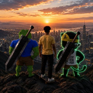 A digital artwork shows two characters and a person viewed from behind, standing on a cliff overlooking a city at sunset; the figures carry large 'Buster Swords', one wears a 'STOP HATING POOR' shirt, and a 'BULL FUEL' logo appears in the sky.