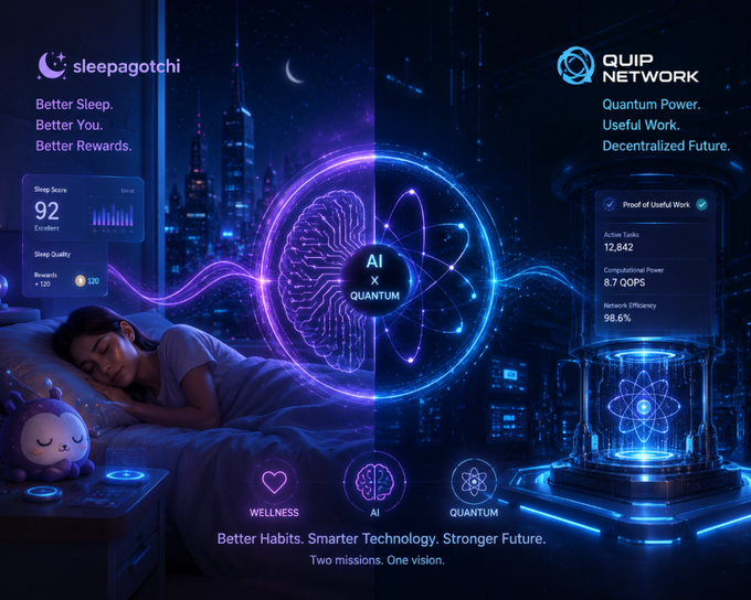 A futuristic promotional graphic for "Sleepagotchi" and "QUIP Network" featuring the tagline "Better Sleep. Better You. Better Rewards." and "Quantum Power. Useful Work. Decentralized Future." with an "AI x QUANTUM" central design.