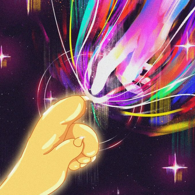 A digital illustration shows a hand pulling on strings attached to a colorful, abstract, paint-stroke figure against a dark starry background.