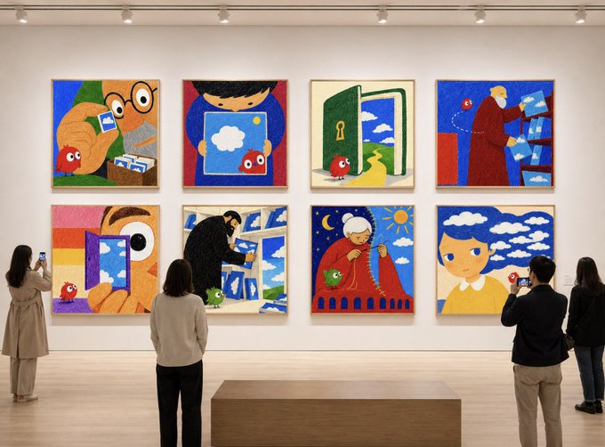 An art gallery interior where visitors view a wall displaying eight brightly colored, textured paintings featuring whimsical characters and scenes, including a figure holding a framed sky and a cat-like creature.