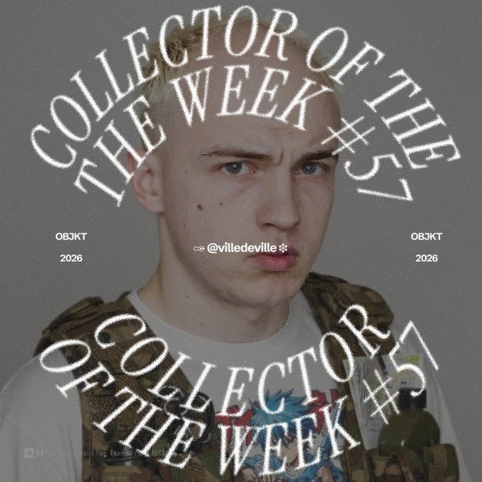 A portrait of a young man wearing a camouflage vest over a white t-shirt, overlaid with text reading 'COLLECTOR OF THE WEEK #35' and the handle '@villedeville'.