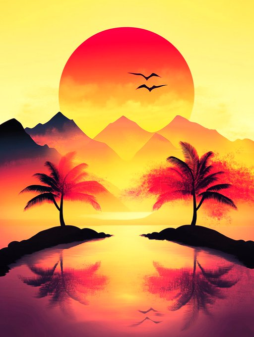 A vibrant sunset landscape featuring a large red and yellow sun setting behind mountains, with palm tree silhouettes reflecting on water and birds flying overhead.