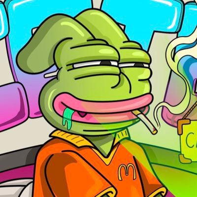 A stylized cartoon illustration of a green Pepe-like frog character with droopy eyes smoking a cigarette while wearing an orange McDonald's-style shirt.