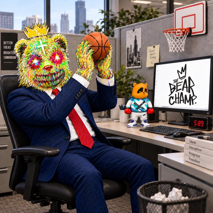 A digitally created figure with a colorful graffiti-style bear head wearing a crown and suit sits in an office holding a basketball, with a monitor displaying 'THE BEAR CHAMP.'