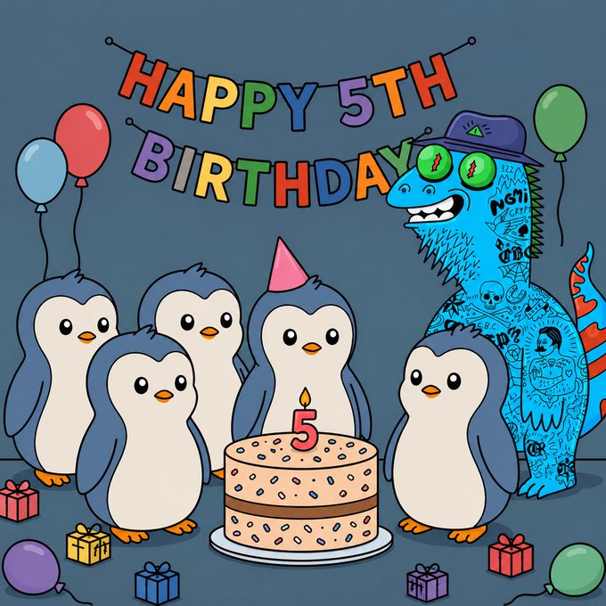 A colorful 'HAPPY 5TH BIRTHDAY' illustration featuring five cartoon penguins gathered around a birthday cake, accompanied by a tattooed blue dinosaur character, balloons, and presents.