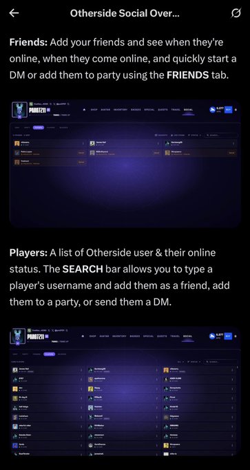 A mobile app interface displays the 'Otherside Social Over...' screen with sections explaining 'Friends' and 'Players' features, showing screenshots of a purple-themed social gaming interface.