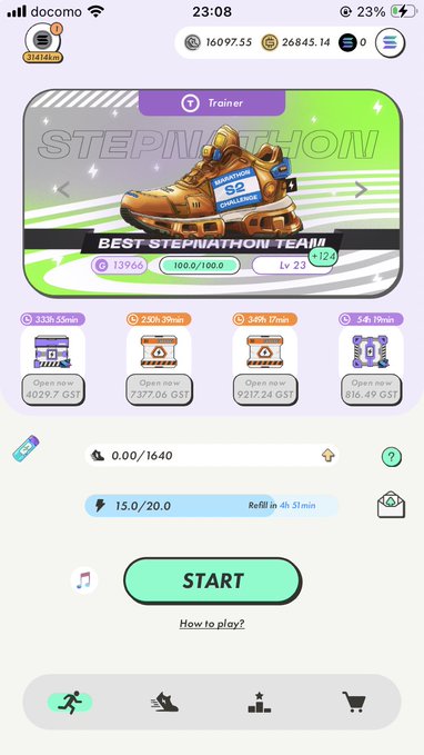 The image shows a STEPN mobile app screen displaying a S2 "Stepnathan" sneaker NFT with a Trainer gem, GStep of 83.8 and 100.0/100.0, alongside four step count quests (ranging from 33h35min to 54h19min) and a 15.0/20.0 energy meter ready to start. It relates to the post highlighting the high costs and good enhancement stats of this rare, powerful sneaker.