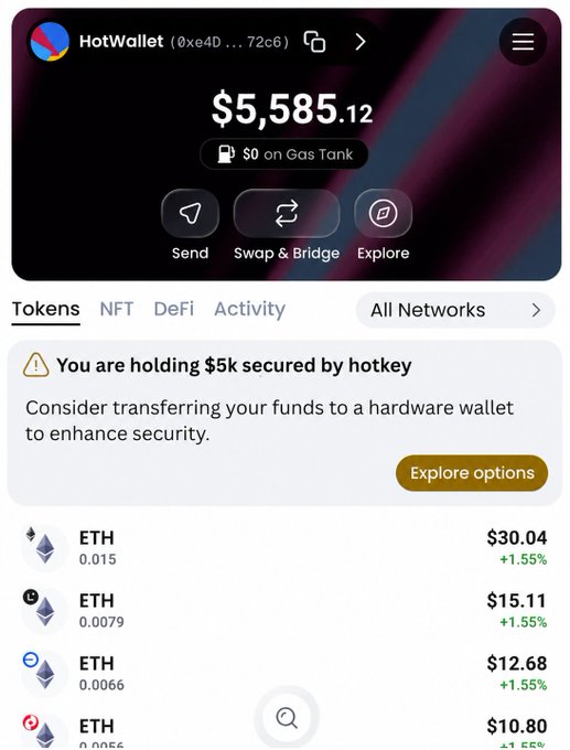 A screenshot of the HotWallet app showing a balance of $5,585.12 with $0 on Gas Tank, displaying a warning 'You are holding $5k secured by hotkey' and recommending a hardware wallet, along with various ETH token holdings.