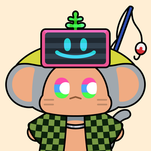 A cartoon mouse with rainbow eyes wears a TV-headed hat displaying a smiley face and carries a fishing rod, paired with a post announcing the migration of Chimpers NFT #741 and celebrating progress toward a 70.4% migration milestone.