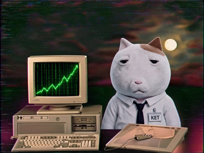 A surreal composite image featuring a white cat with a brown ear patch wearing a shirt and tie with a 'KET' name tag, sitting next to an old CRT monitor displaying a green rising line graph over a vintage computer setup.