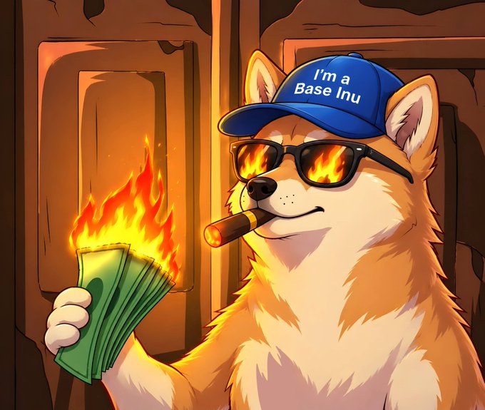 A cartoon illustration of a Shiba Inu dog wearing sunglasses with flame reflections, a blue cap that reads "I'm a Base Inhu," and holding a cigar in one hand and burning cash in the other.