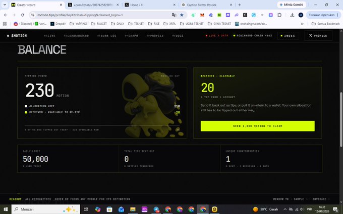 A screenshot of the Motion TPS game profile page for a player named 'X', showing a POTION balance of 230, a CLAIMABLE balance of 20, and a DAILY LIMIT of 50,000.