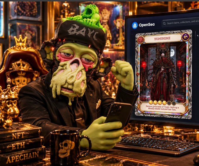A person in a Bored Ape Yacht Club (BAYC) green mask and suit, holding a phone, with an OpenSea NFT marketplace displayed on a monitor behind them showing a character named 'YOMIHIME'.