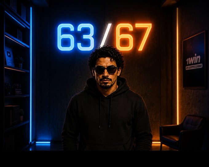 A man in a black hoodie and sunglasses stands in a dimly lit room beneath a glowing neon "63/67" sign, with a framed "1win" poster visible on the right. The neon numbers directly reference the post's "63 days later → 67" milestone tracker for the @sixsevenapp Telegram Mini App, while the bold 1win branding ties into the claim of $40k paid out.
