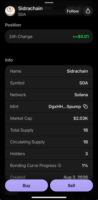 A Phantom wallet app screen displays the SDA (Sidrachain) token on the Solana network, showing a market cap of $2.03K, 3 holders, and a bonding curve progress of 1%, corroborating the post's promotion of the early-stage memecoin and sharing its contract address.