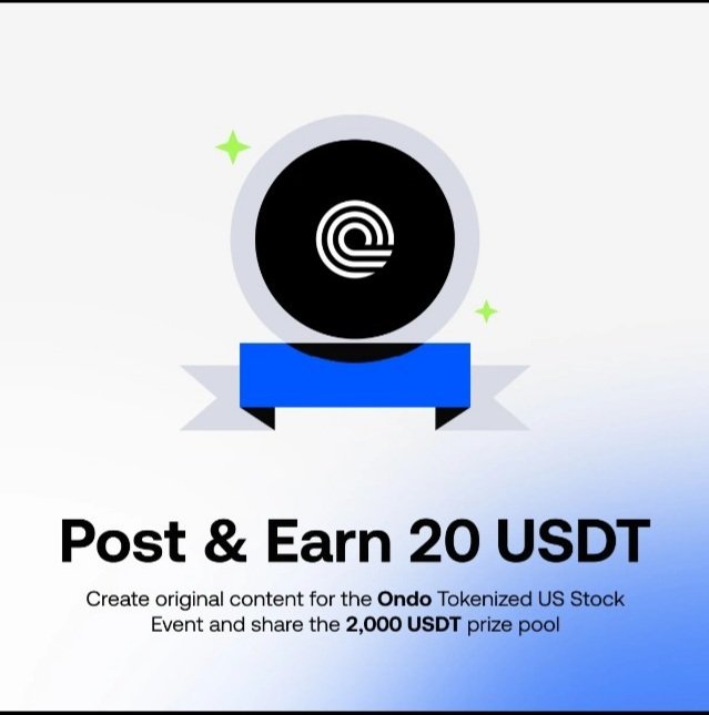 The image features a black circular badge with a stylized "O" logo on a blue ribbon, with text reading "Post & Earn 20 USDT – Create original content for the Ondo Tokenized US Stock Event and share the 2,000 USDT prize pool." 

While the post promotes Gate.io's broader 100,000 USDT trading campaign powered by Ondo, the image itself highlights a smaller, separate content-creation contest offering a 2,000 USDT prize pool for posting about the event.