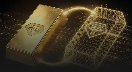 A golden Tether (USDT) branded gold bar sits alongside its digital wireframe counterpart against a backdrop of code, visually representing the $18.8 billion in physical gold reserves Tether has accumulated, including the additional 14 tons purchased in Q2 2026.