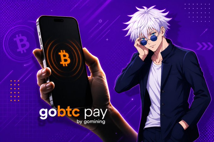 Promotional graphic for 'gobtc pay by gomining' featuring an anime character with white hair and sunglasses next to a hand holding a smartphone displaying a Bitcoin symbol.