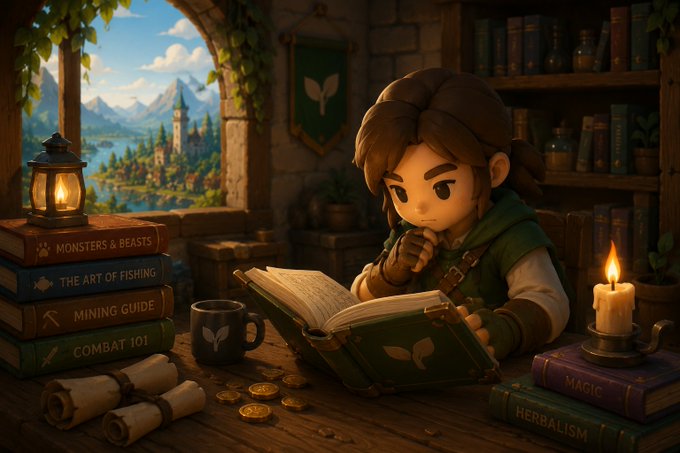 A young adventurer with braided hair studies a large tome in a cozy, candlelit study filled with fantasy guides—including "Monsters & Beasts," "The Art of Fishing," "Mining Guide," "Combat 101," "Magic," and "Herbalism"—echoing the post's invitation to explore every region, skill, boss, and mechanic of the game $KINDRA documented at playkindra.com/docs.