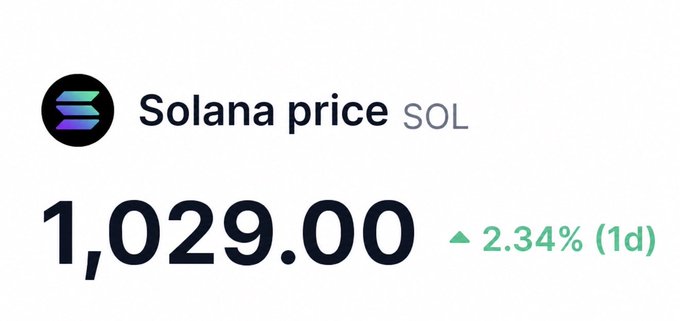 A digital price ticker for Solana displaying a value of '1,029.00 SOL' alongside a small green upward-pointing triangle indicating a '2.34% (1d)' increase.