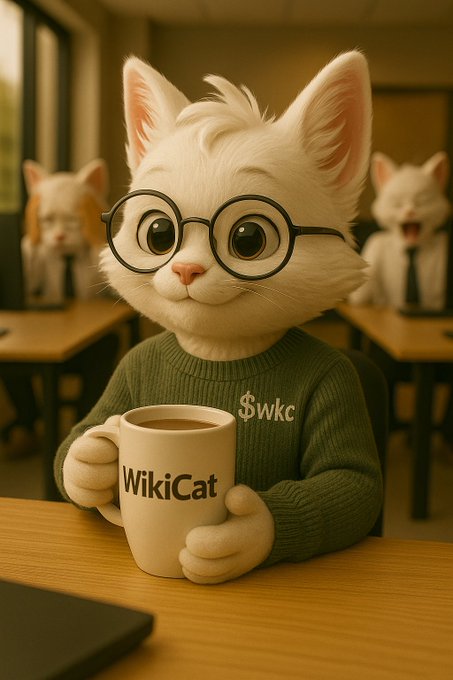 A 3D-rendered anthropomorphic white cat wearing round black glasses and a green sweater holds a white mug labeled 'WikiCat' with text '$wkc' visible on the sweater, sitting at a wooden desk with other cats in the background.