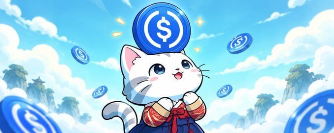 An anime-style white cat character with blue hair accessories floats among clouds, surrounded by floating blue dollar sign coins, with traditional buildings on floating islands in the background.