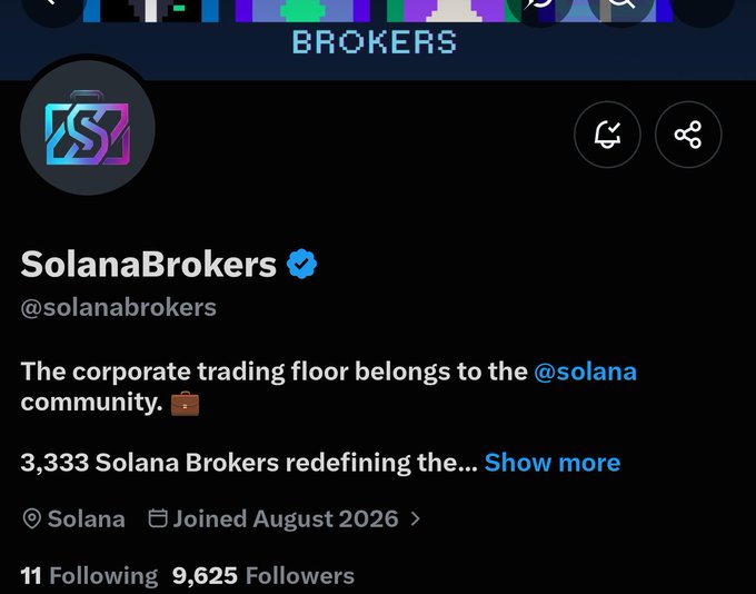 The image shows the Twitter/X profile of "SolanaBrokers" (@solanabrokers), displaying their logo, bio describing them as "The corporate trading floor" belonging to the @solana community, and stats showing 9,625 Followers with a "Joined August 2026" date. The profile is for a generative PFP collection with a 3,333 supply on Solana, as referenced in the post's free mint announcement.