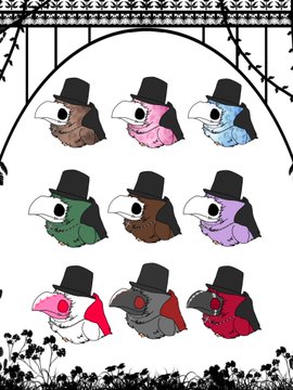 The image features a poster with nine different cartoon birds wearing top hats, each with unique colors and designs. The birds are arranged in a grid pattern, showcasing their diversity while maintaining a sense of order. The poster also includes text that reads "All doctor designs revealed!!! Which one just for you? How about these one-of-a-kind kids?". This suggests that the poster is promoting an event or adoption where people can meet and interact with these unique cartoon birds wearing top hats, possibly as part of a creative and fun experience.