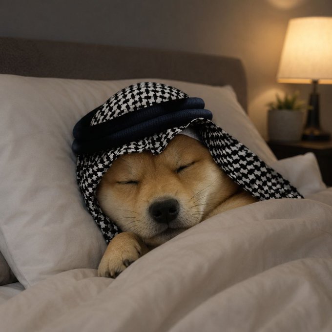 A Shiba Inu dog peacefully sleeping under a black and white checkered keffiyeh headscarf on a white pillow, with a lamp visible in the background.