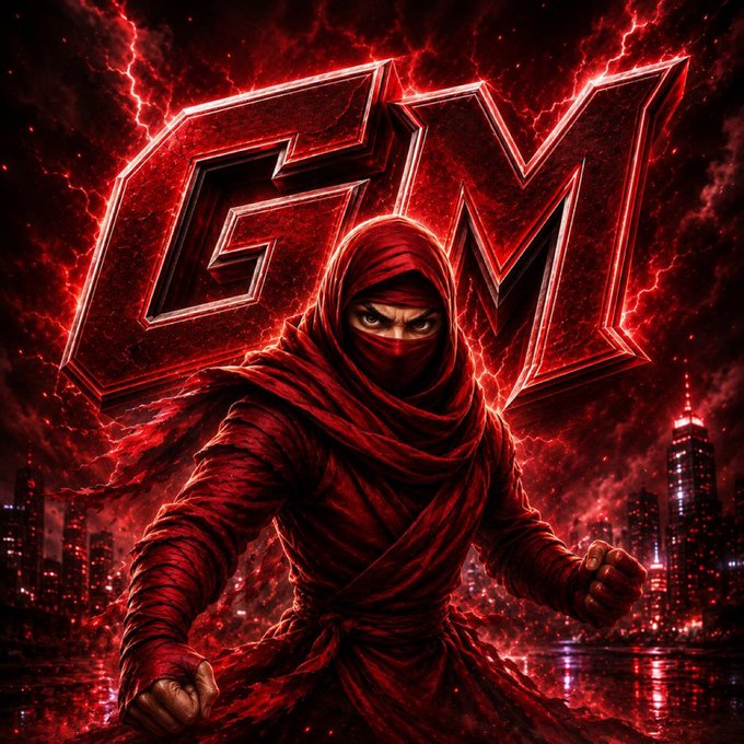 A dramatic, red-toned digital artwork of a ninja in traditional garb with a clenched fist, set against a stormy, lightning-filled sky and a cityscape, with a large, stylized 'GM' logo in the background.