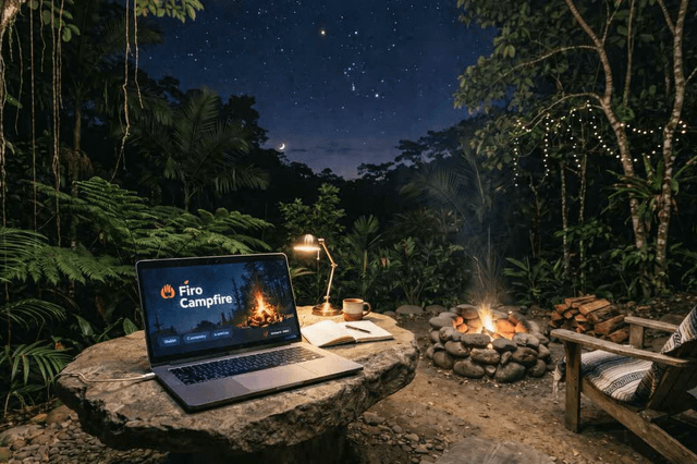 A serene nighttime jungle setting featuring a laptop on a stone table displaying the "Firo Campfire" wallet login screen, alongside a cozy campfire pit, an open notebook, and a steaming mug under a starry sky—evoking a tranquil, remote workspace that complements the post's mention of a serene workplace with the Firo Campfire wallet.