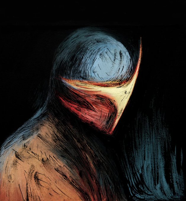 A dark, moody painted artwork of a mysterious figure with a hooded, masked face illuminated by streaks of red, yellow, and blue against a black background.