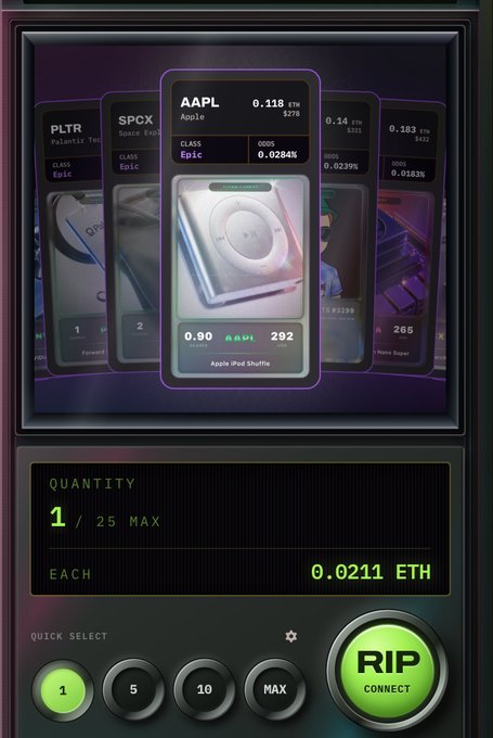 A trading app interface displays tokenized "Epic" class stock cards (AAPL, PLTR, SPCX) with crypto valuations in ETH, including a featured Apple iPod Shuffle card priced at 0.0211 ETH, with the poster's caption humorously referencing the degen nature of this random stock trading card concept.
