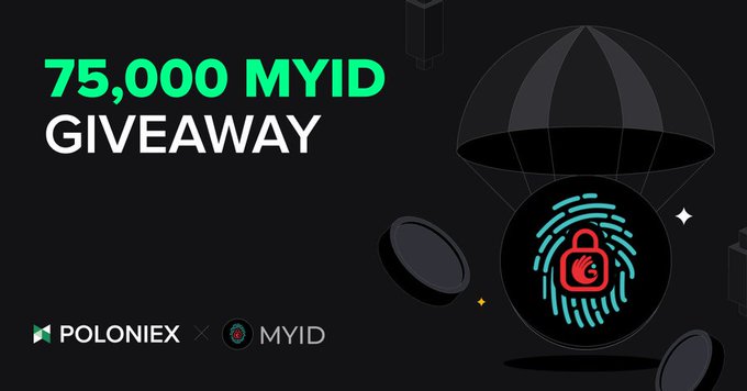 Promotional banner for a 75,000 MYID giveaway featuring logos for Poloniex and MYID, along with graphics of a parachute and a fingerprint security icon.