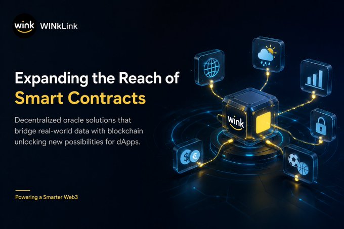 A promotional graphic for WinKLink titled 'Expanding the Reach of Smart Contracts' describing decentralized oracle solutions for Web3 dApps.