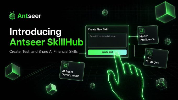 Antseer SkillHub promotional graphic with neon green text reading 'Introducing Antseer SkillHub - Create, Test, and Share AI Financial Skills,' showing a 'Create New Skill' interface.