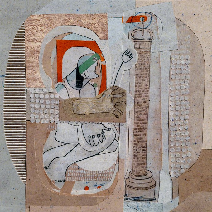 A mixed-media artwork depicting a stylized figure with a green headdress embracing a tall column, rendered with textured patterns, polka dots, and sketch-like details in muted earth tones.