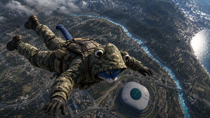 A surreal composite image showing a giant frog-faced skydiver in military gear falling over a landscape with a small building below.